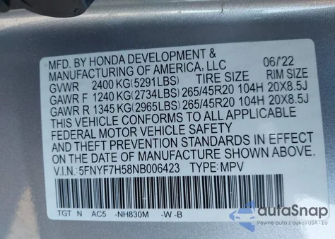2022 Honda Passport 2Wd Ex-L from USA, damaged, VIN 5FNYF7H58NB006423